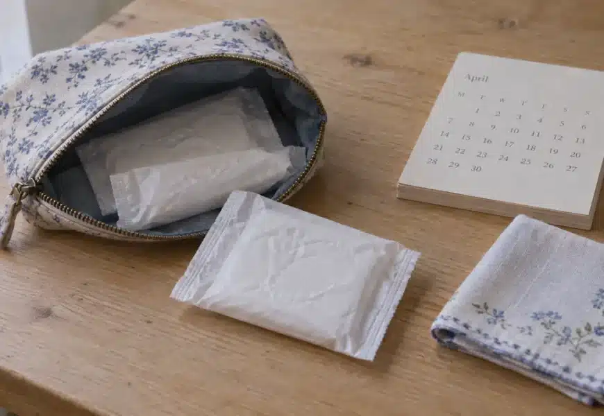 trousse préparée pour les premières règles avec protections et calendrier